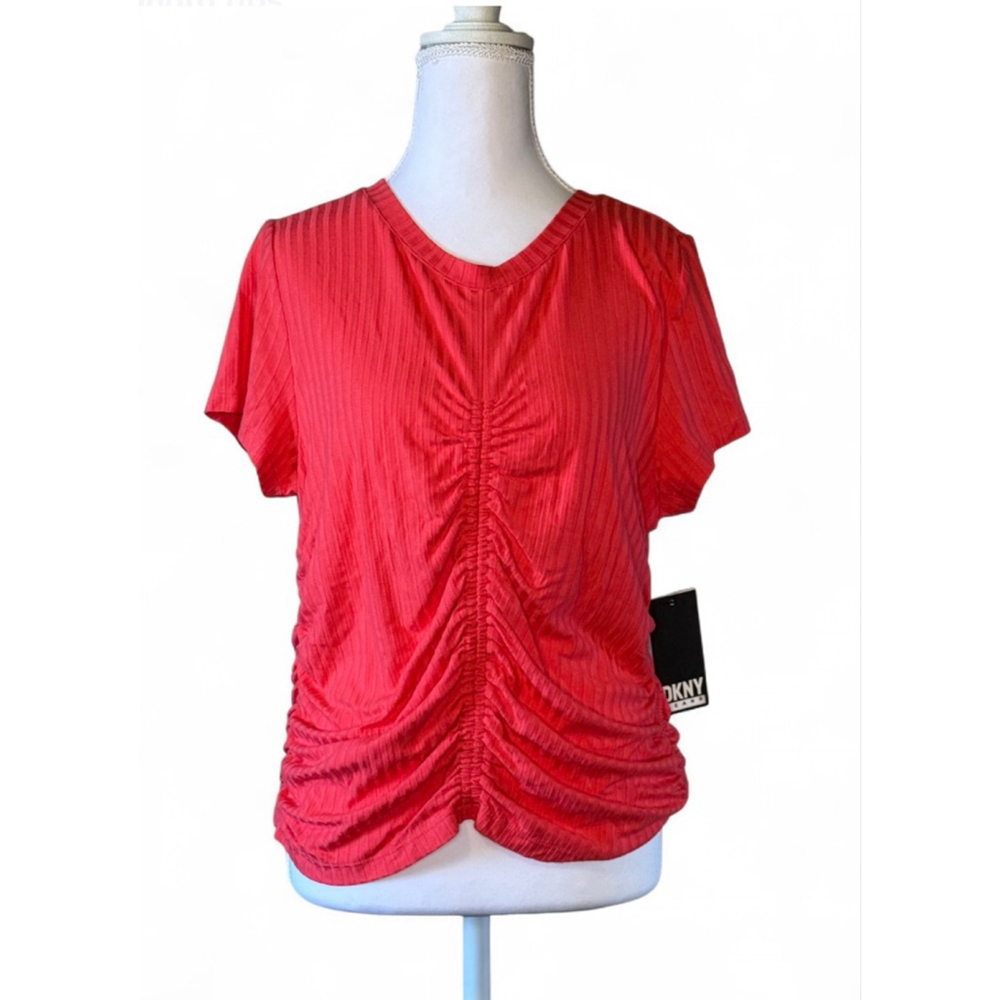 DKNY Jeans NWT Coral Ruched Ribbed Short Sleeve Top XL Stretch